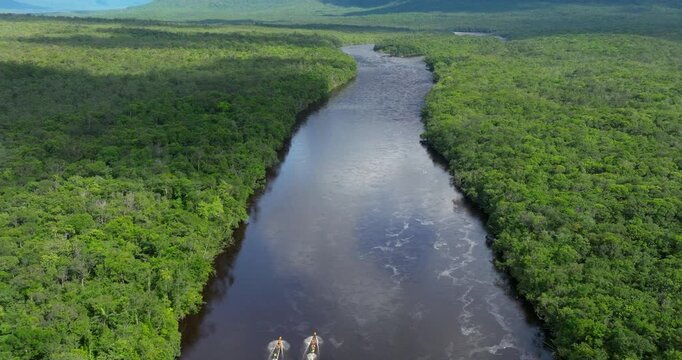 Aerial View Of Rio Churun With Tourist Boats Traveling To Angel Falls In Canaima National Park, Venezuela.