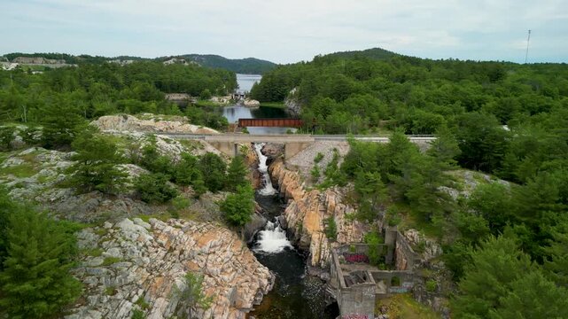 Aerial flyover of Whitefish Falls, Manitoulin Island, Ontario, Canada