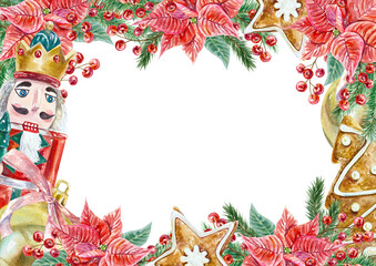 Nutcracker, poinsettia frame, horizontal. Fir branches, ginger cookies, berries. Christmas flowers and leaves. Watercolor illustration isolated on white. New Year cards, invitations, posters, banners.