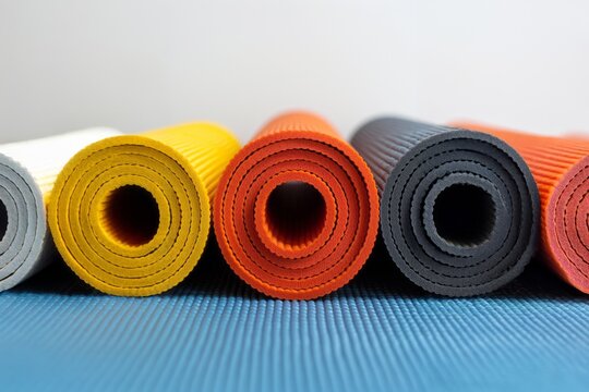 A row of yoga mats of different colors and sizes