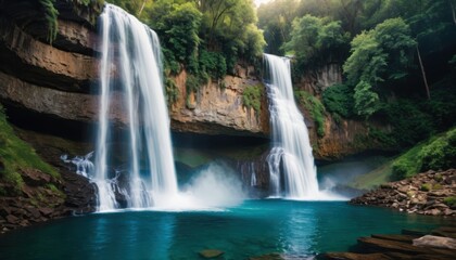 Obraz premium Waterfall Viewing Area with Blue Lake and Rocky Shoreline