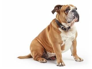 Obraz premium A sitting English Bulldog with a distinctive look and brown and white fur against a white background, showcasing its charm and robustness.