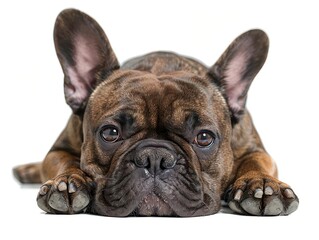 Fototapeta premium Close-up of a French Bulldog lying down looking towards camera, white background. Adorable pet dog portrait.