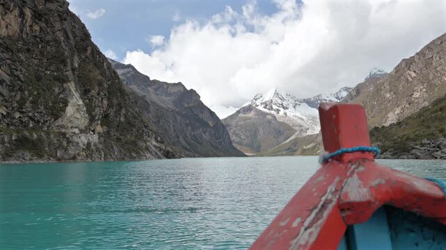 View of stern of boat floating in the Paron lagoon.
