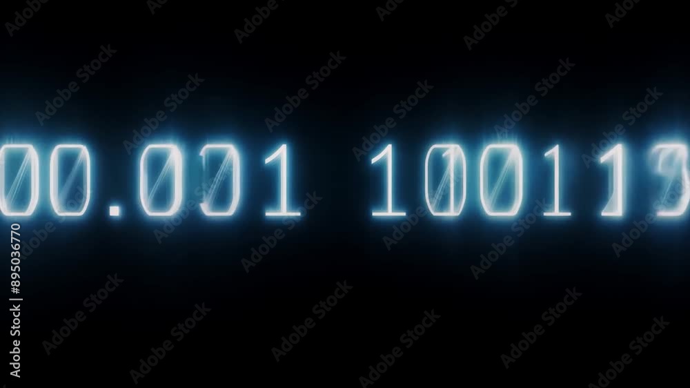 Poster A digital display of binary code shows the numbers 01.001 100000, glowing blue against a black background.