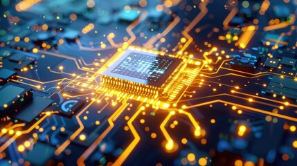 A computer chip is shown in a close up with a yellow glow