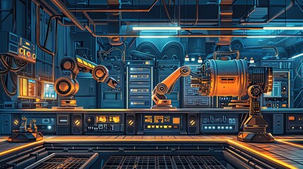 Futuristic robotic laboratory with advanced technology and machinery, featuring robotic arms, computers, and industrial equipment.