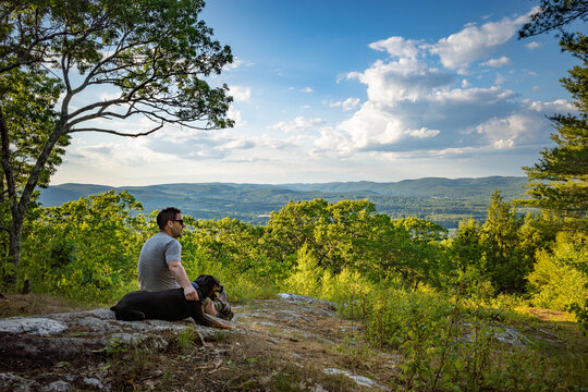 A man and his dog rest on a hike to enjoy a scenic view