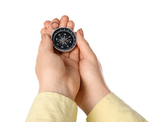 Woman holding compass on white background, closeup