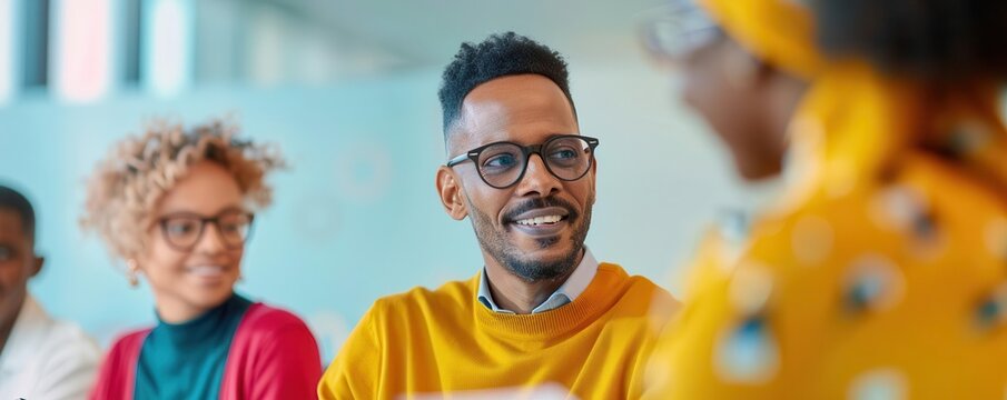 Diverse team sharing ideas with leader taking notes, lead with humility, collaboration and respect