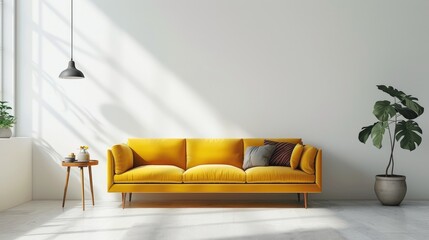 Contemporary Lounge with Mustard Yellow Seating and Sleek White Walls