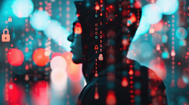 A digital composite image showing a hacker's silhouette superimposed over a cityscape at night, with binary code streams and security locks floating around, depicting the invisible threats faced in