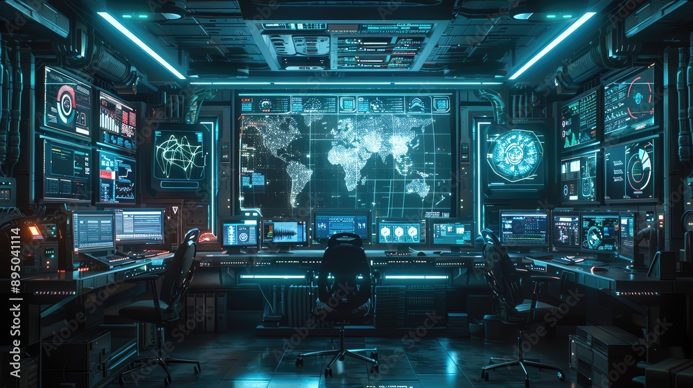 Poster futuristic command center with multiple screens displaying world maps, data, and analytics. high-tec