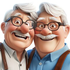 Two elderly men with grey mustaches, round glasses, and casual attire are seated on a bench under an oak tree in a sunny park, sharing a warm conversation and smiling at each other.