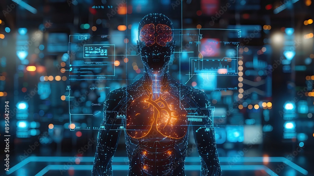 Poster futuristic humanoid robot with digital interface showcasing artificial intelligence and advanced tec
