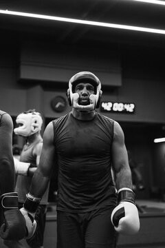 Boxers fighting in boxing training in the gym.
