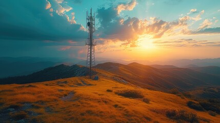 Open Field with Cell Tower Against Mountainous Backdrop