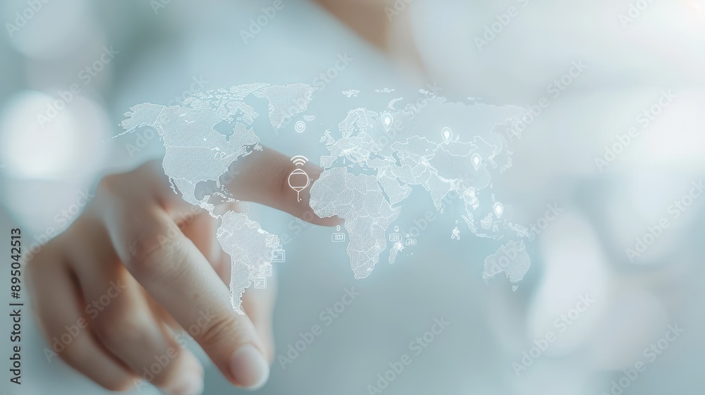 Wall mural a hand is pointing at a globe with a white background