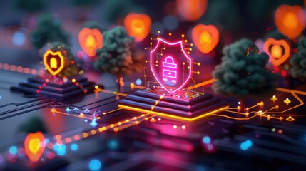 A conceptual image of network security, showcasing digital data flows within a secure network environment protected by shield symbols and encrypted pathways, emphasizing cybersecurity protocols.
