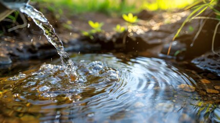 Pouring water from a spring source at camping or hiking. Clean looking water can be contaminated and dangerous to health 