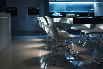 interior of modern dining room with white chairs.