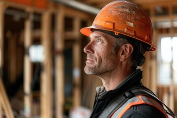 Fototapeta premium Portrait of Confident Construction Worker in Hard Hat - Building Industry Professional Profile View