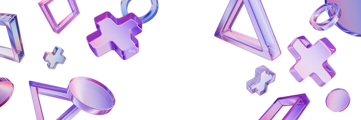 3D futuristic transparent background, geometric online gamer abstract banner, glass fluid objects. Dynamic streamer digital poster, flying gradient figures, controller buttons. 3D futuristic design