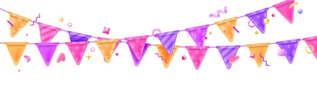 3D holiday flag icon, garland vector carnival decoration party happy birthday string, paper confetti. Festival celebration colorful paper triangle, greeting hanging bunting decor. 3D flag illustration