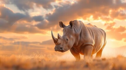 Fototapeta premium A solitary rhinoceros stands in a field of tall grass under a dramatic sunset sky.