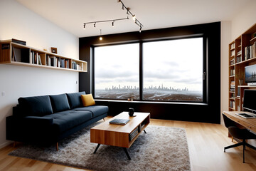 "Snowy Urban Vista with Minimalist and Modern Interiors"