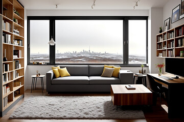 "Snow-Dusted City with Minimalist and Modern Interior Harmony"