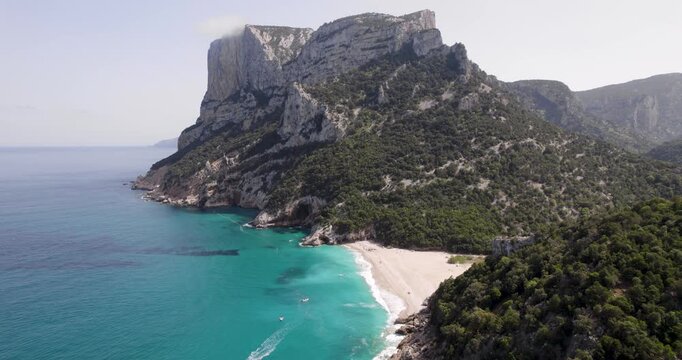 Aerial Shot Of Mountain And Beach Scene At Cala Sistine At Gulf Of Orosei In Sardinia, Italy.