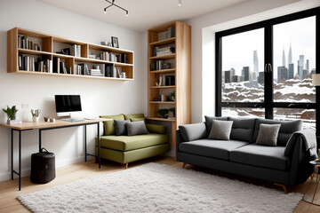 "City in Snow with a Blend of Modern and Minimalist Interior"