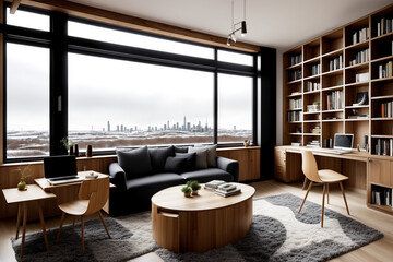 "Minimalist Modern Interior Set in a Snowy Metropolis"