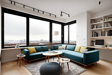 "Snowy City Backdrop with Harmonious Modern Minimalist Interiors"
