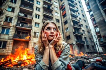Fototapeta premium A Ukrainian woman sits outside a burning house generated by AI