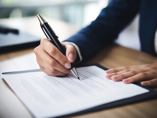 Woman writing on a clipboard with a pen at a desk
