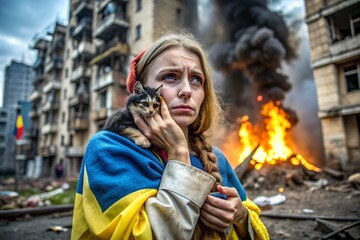 Fototapeta premium A Ukrainian woman sits outside a burning house generated by AI