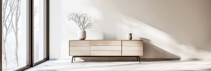 Elegant sideboard next to a large window in an interiors design composition. Residential interiors with copy space.