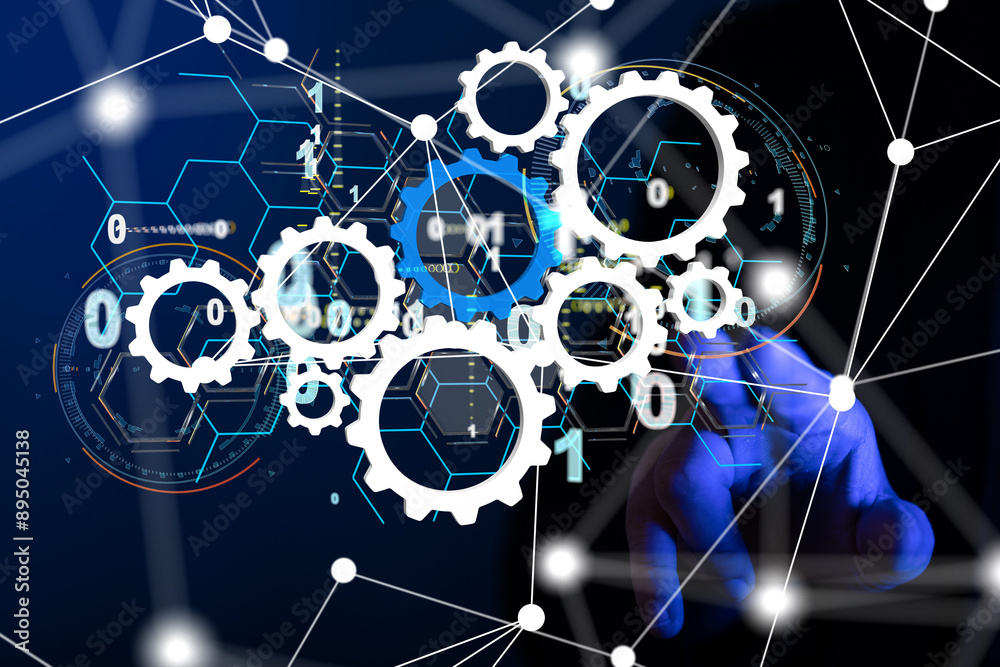 Poster Neural network 3D illustration. Big data and cybersecurity - 3d