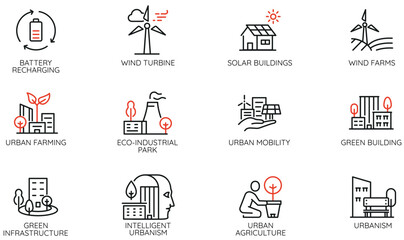 Vector Set of Linear Icons Related to Balance of Nature and Urban Infrastructure and intelligent urbanism. Mono line pictograms and infographics design elements