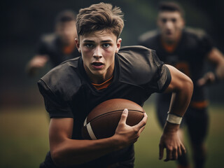 Young American football player practicing on the field, caught in action