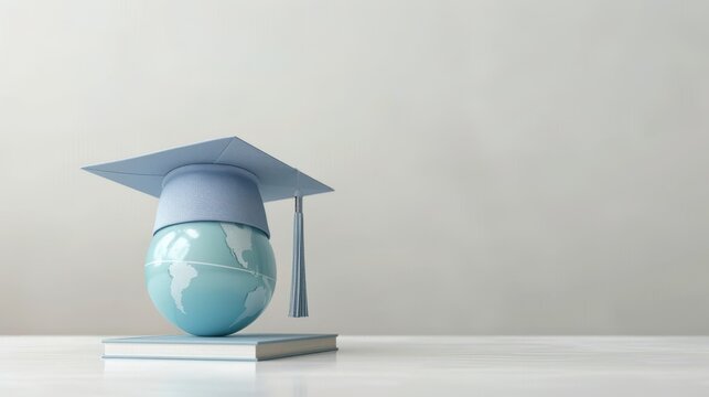 A blue and white graduation cap sits on top of a globe