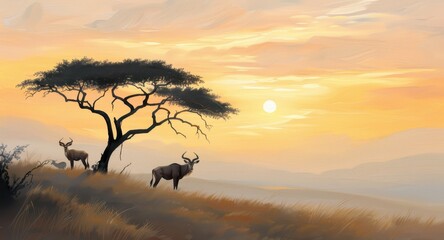 A painting of a savanna scene with a tree in the foreground
