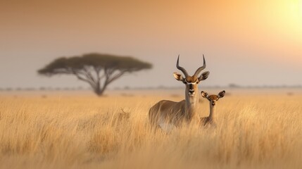 Fototapeta premium Two antelopes standing in a field with a tree in the background