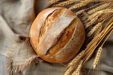 Beautiful designed loaf of bread, top view, setting besides some wheats
