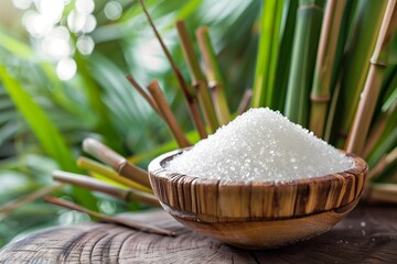 Sugar crystals in a classy glass bowl setting beside sugarcane green stalks plant