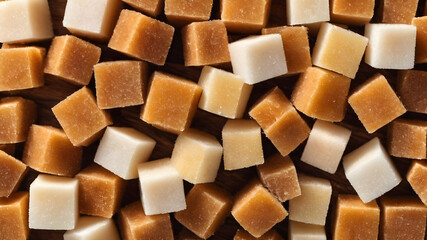 Brown and white sugar, sugarcane cubes in wooden bowl, top view, flat lay.. Generative AI