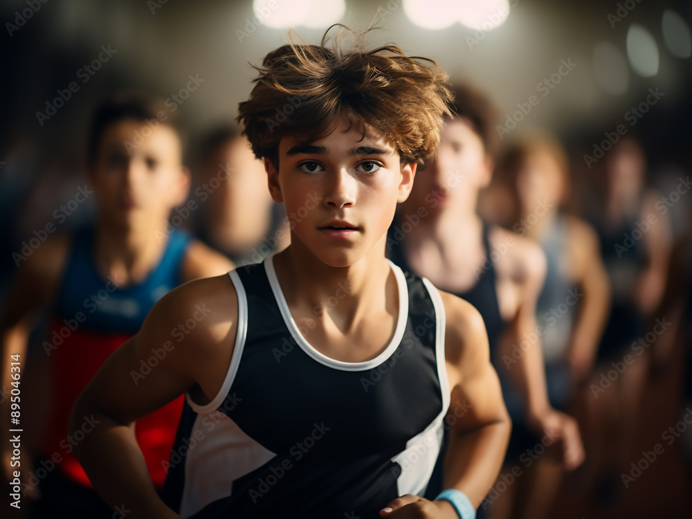 Wall mural High school boy competes in a race on an indoor track during a meet