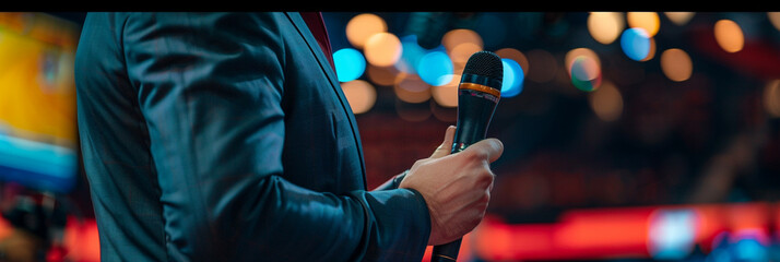 Reporter holds microphone confidently in stadium while preparing for sports broadcast, with copyspace